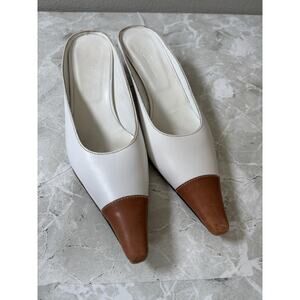 Loro Piana Heels Slip On Kitten Heel Size 37 Color Block White And Tan Cap Toe‎